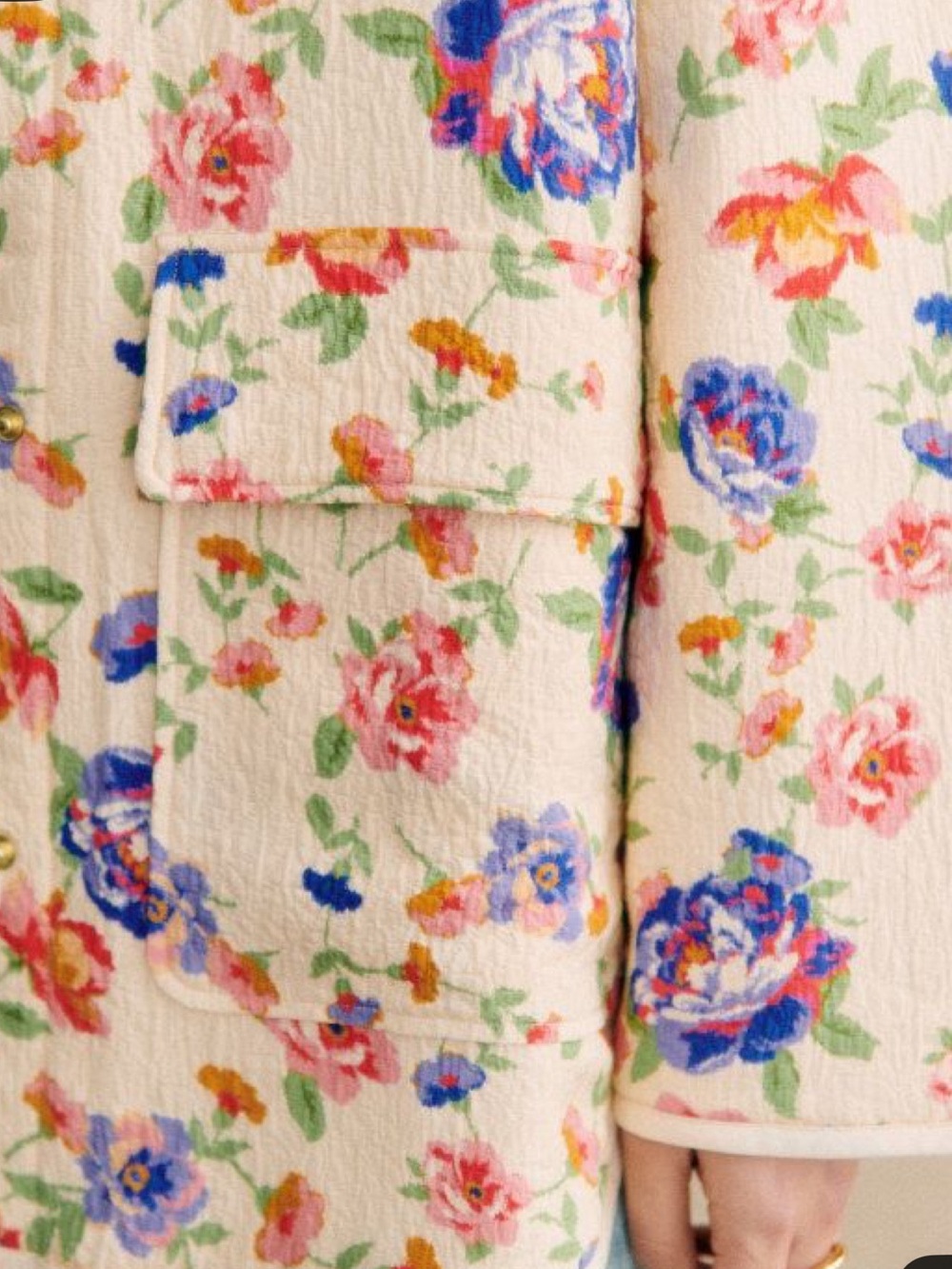 Sezane Cream Quilted Bomber Jacket with Pink & Blue Floral Print - Picture 3 of 6